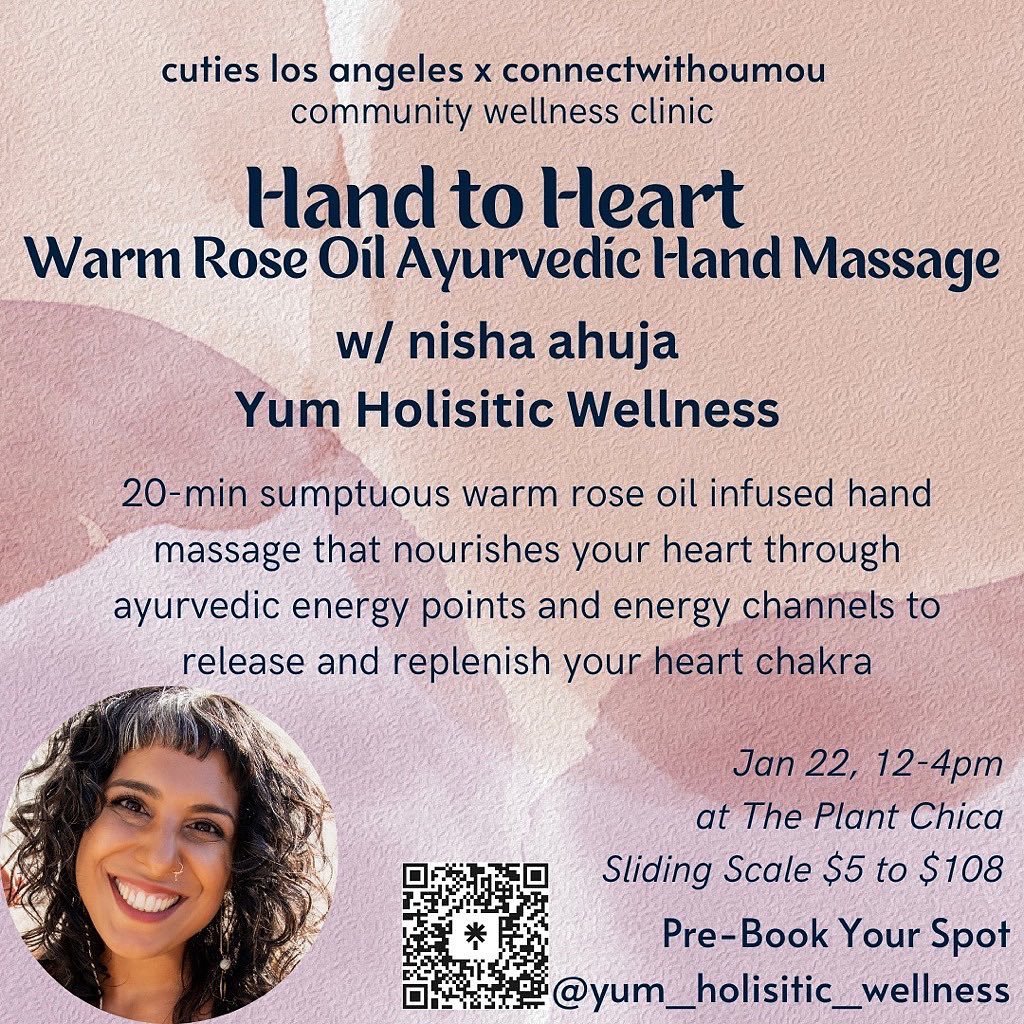Thrilled to be offering sumptuous sliding scale heart medicine @cutiesla x @connectwithoumou community wellness clinic Sun Jan 22, 2023
12-4pm
@theplantchica 

Link in bio to pre-book your appointment!
And 
FREE registration for the event (must do th