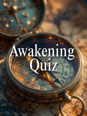 Close-up of a vintage compass on a map with the text 'Awakening Quiz' overlayed.