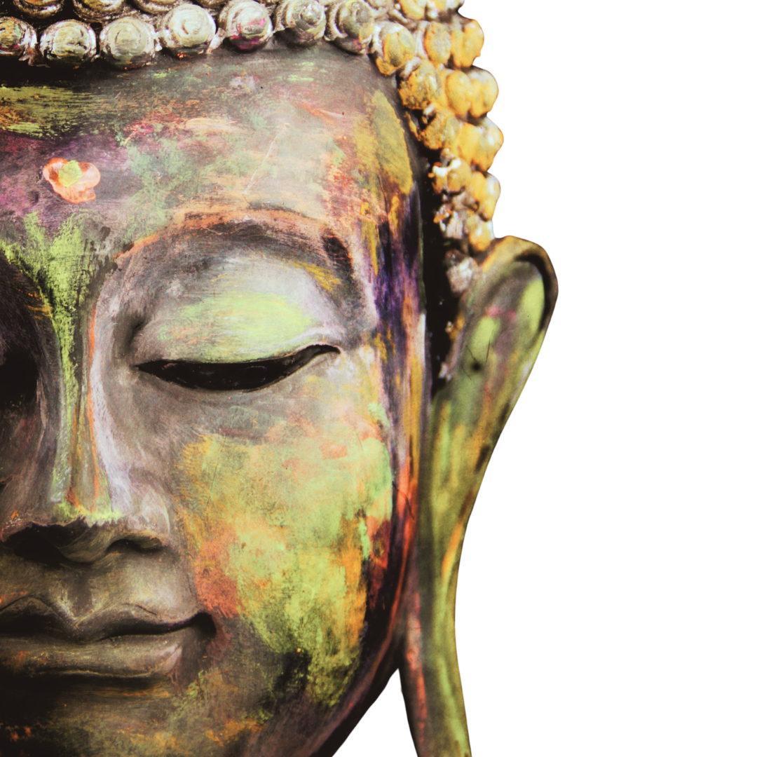 Close-up of a colorful, artistic Buddha sculpture's face with a serene expression, showing part of the ear and the top of the head with decorative elements.