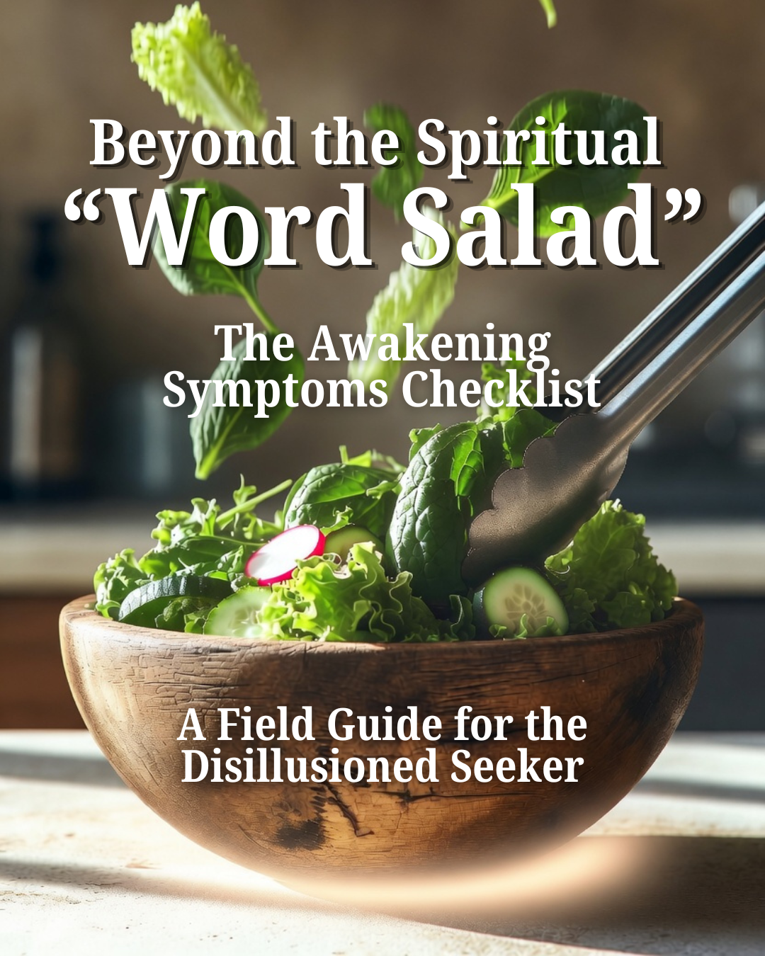 A wooden bowl filled with fresh salad greens, slices of cucumber and radish, with tongs resting on the salad.