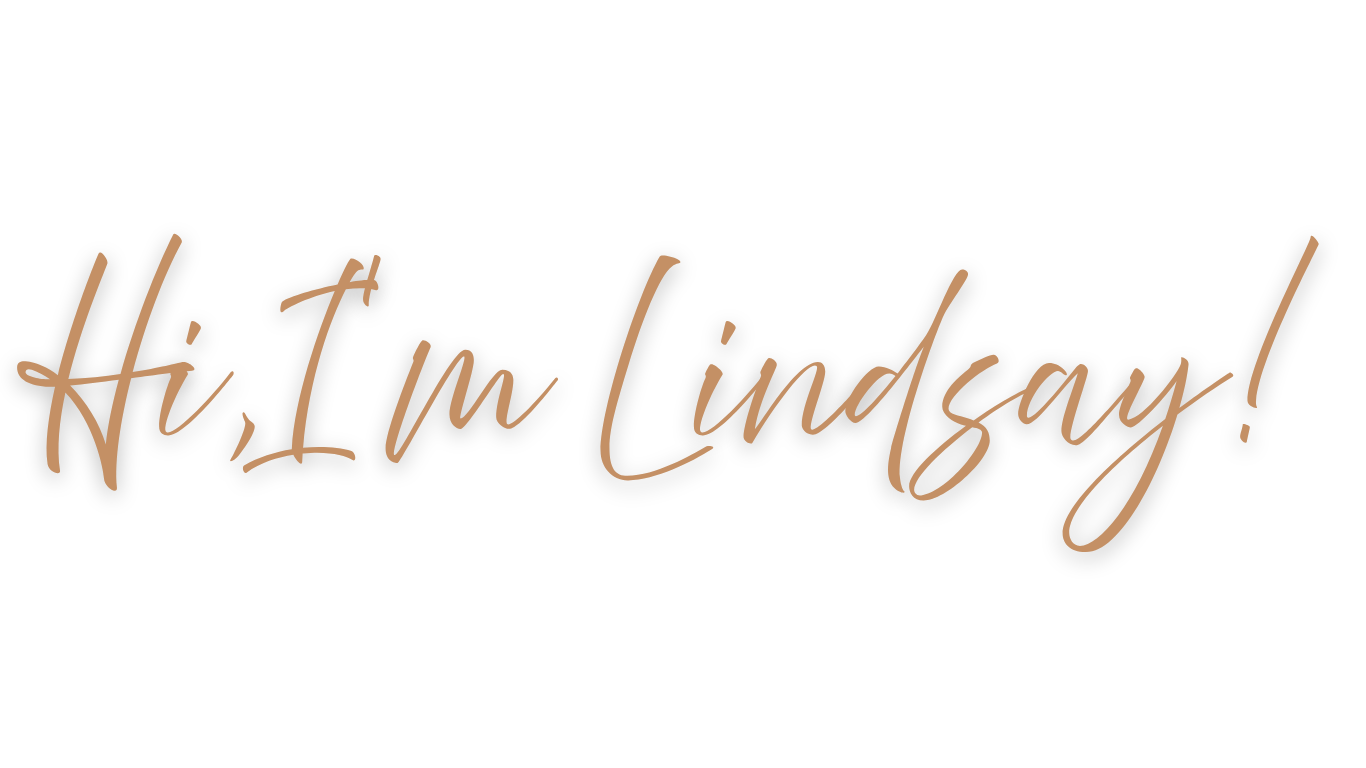 Text saying Hi, I'm Lindsay! in brown cursive font on a black background.