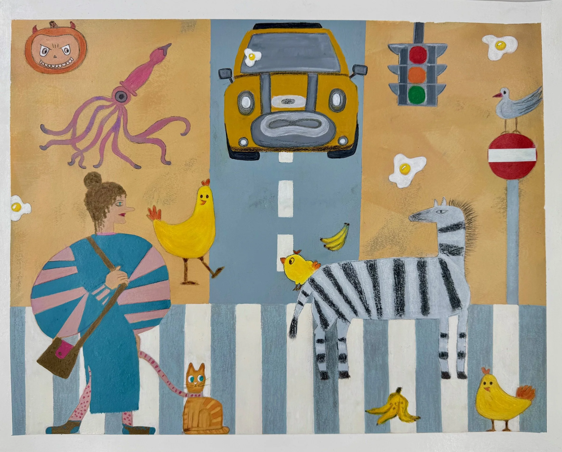 It's Raining Eggs, Hallelujah!
2025
Acrylic, pastels, graphite on paper
12"x24"
