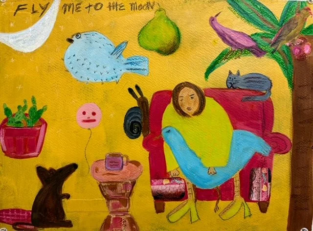 Fly Me To The Moon
2025
Acrylic, pastels, graphite, collage on paper
11"x15"

