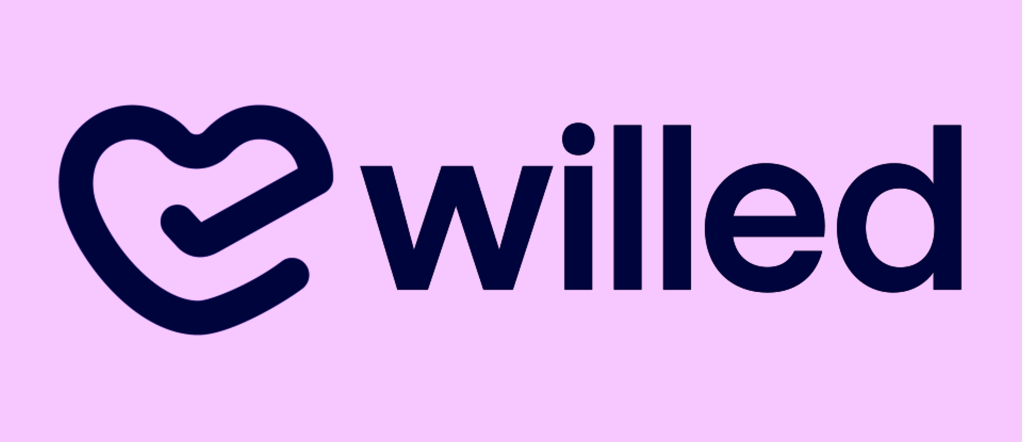 A purple background with a large black heart symbol next to the word 'willed' in bold black letters.