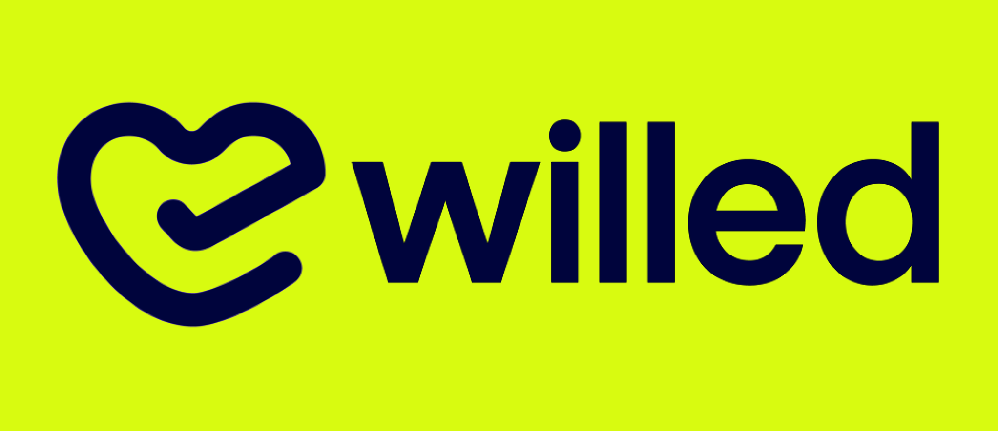 A purple background with a large black heart symbol next to the word 'willed' in bold black letters.