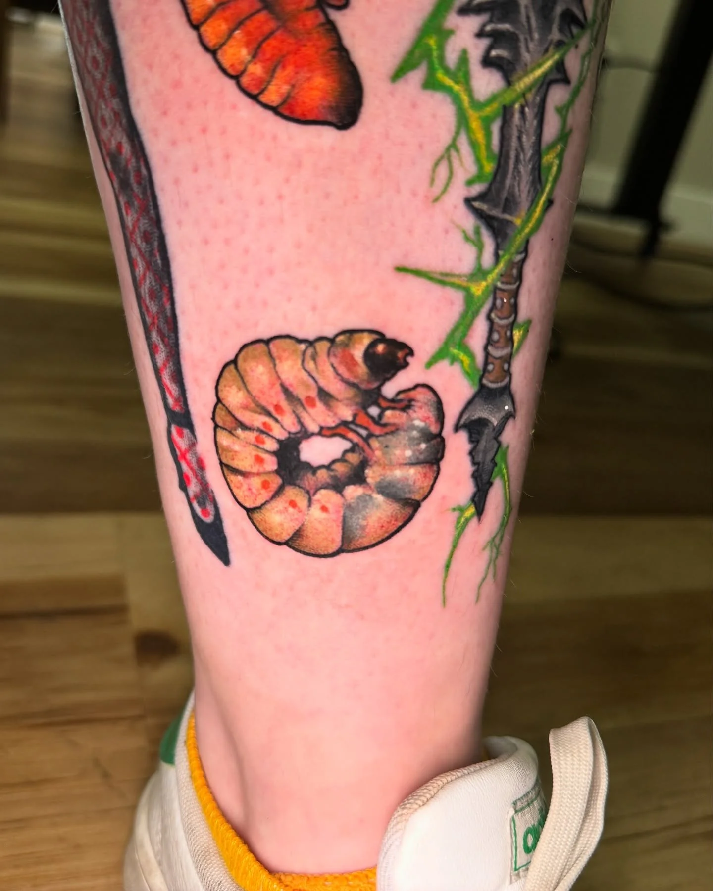 A Beetle life cycle (minus the egg) leg filler for Hannah from a few weeks ago. This was my first time tattooing a larvae and a pupa that I can recall. Thanks Hannah!!!
