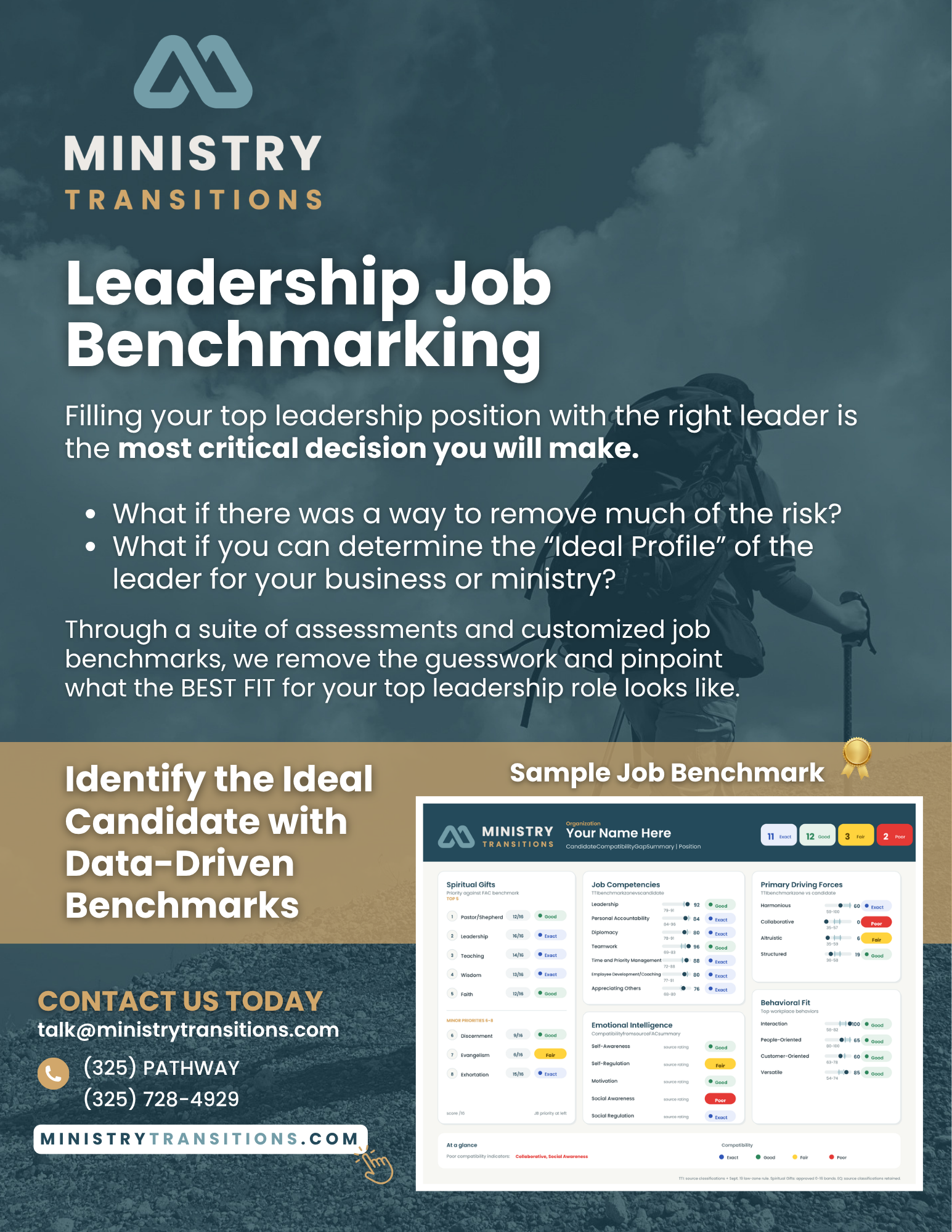A promotional flyer for Ministry Transitions, emphasizing leadership job benchmarking and assessment services. Includes contact info, website, and a sample job competency hierarchy chart.