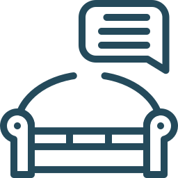 Line drawing of a sofa with a speech bubble above it.
