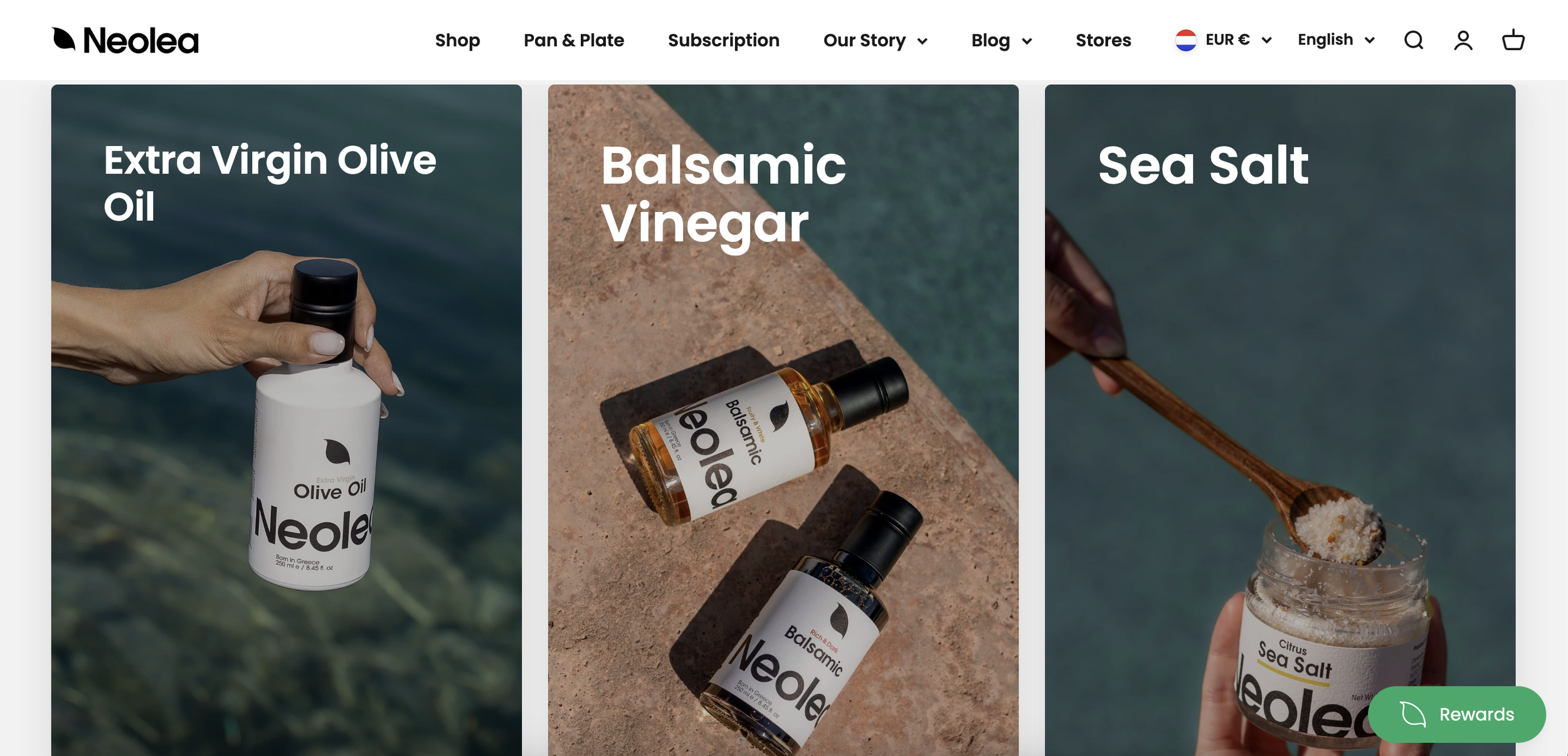 Three product images from Neolea website displaying Extra Virgin Olive Oil, Balsamic Vinegar, and Sea Salt in jars.