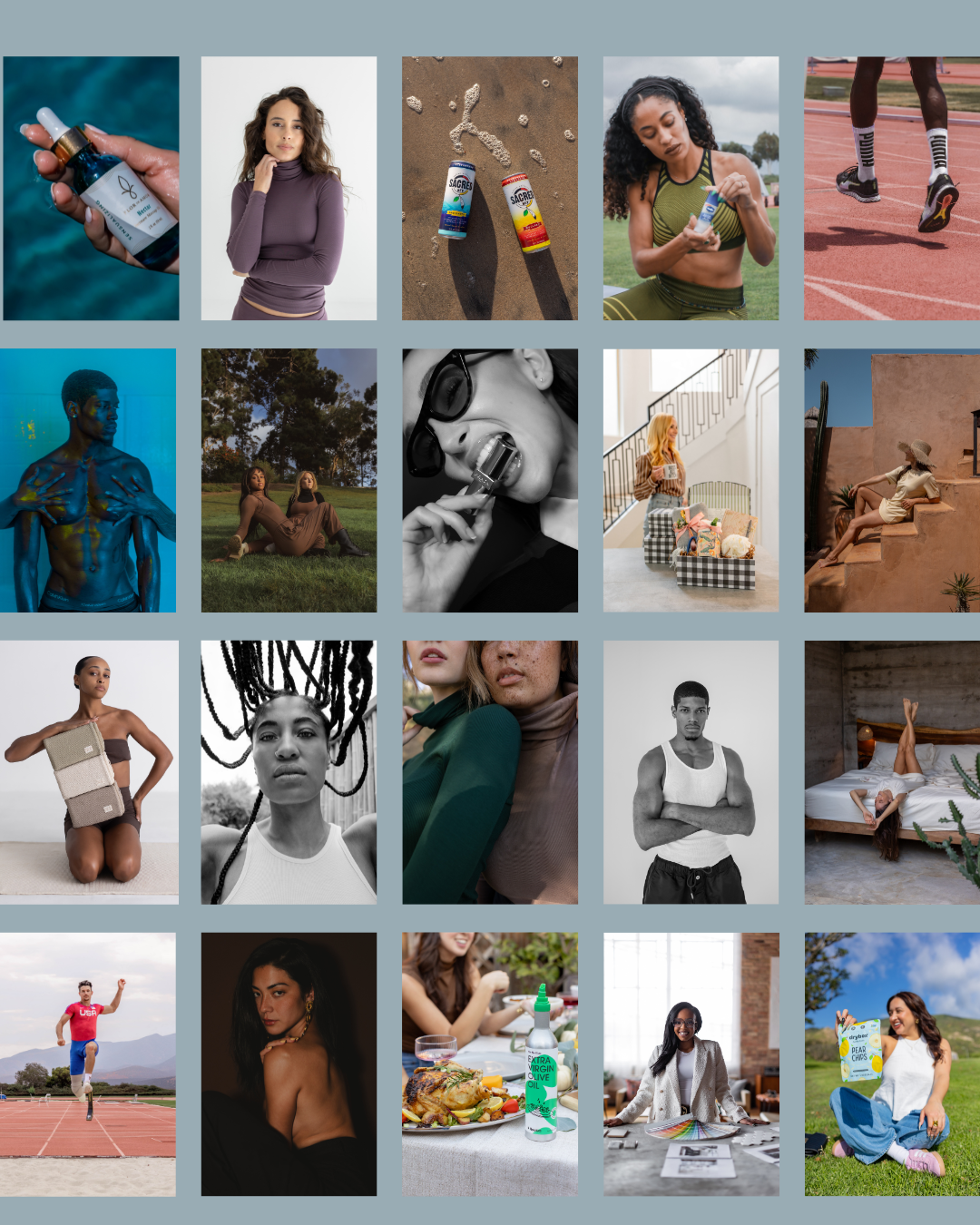 A collage of diverse women and men in various settings, including outdoor activities, studios, and homes, expressing different moods and styles.