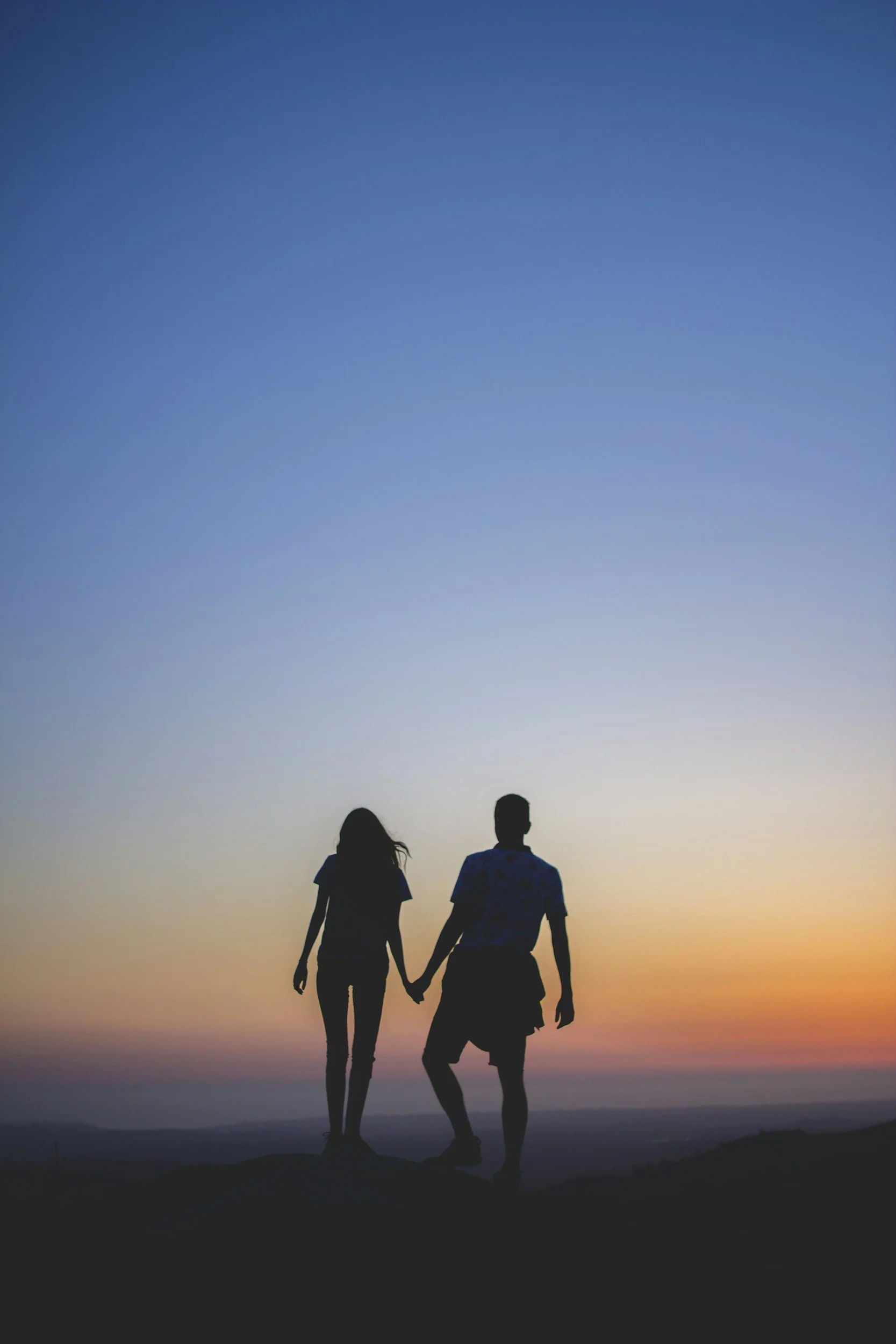 Silhouettes of a man and a woman holding hands at sunset on a hilltop.