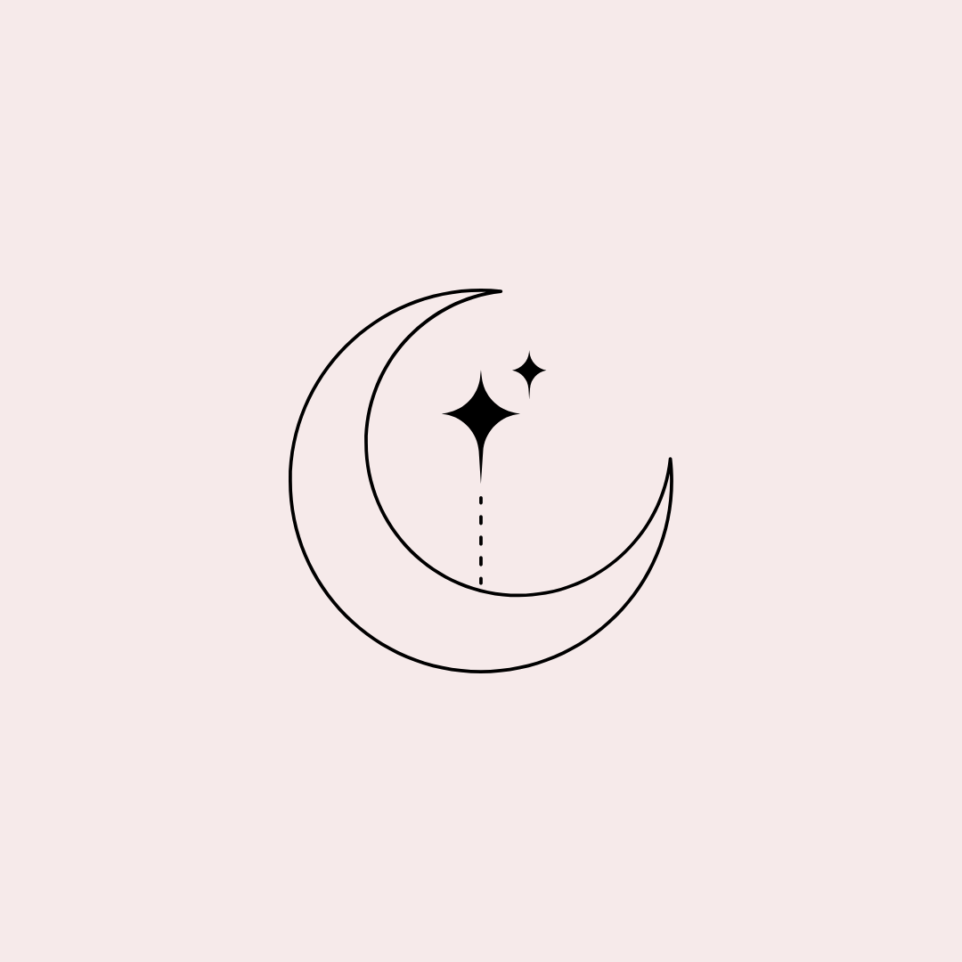 outline of a new moon and two stars aginst a pale pink background