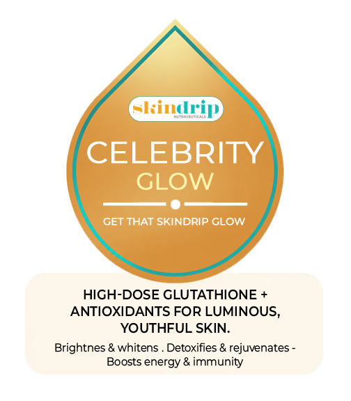 A promotional image for a skincare product called Celebrity Glow, featuring a shiny metallic pouch with a label. The text indicates it contains high-dose glutathione and antioxidants for luminous, youthful skin, with benefits such as brightening, whitening, detoxifying, rejuvenating, boosting energy, and immunity. The background has vibrant yellow fruit and green leaves.