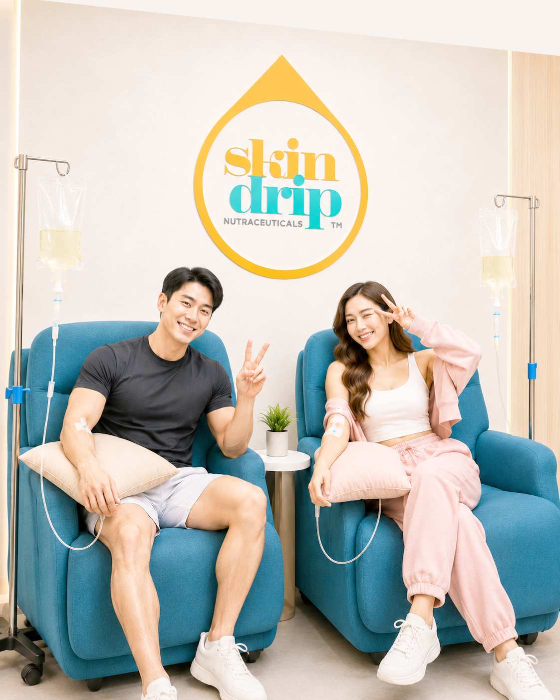 Two young adults, a man and a woman, sitting in blue chairs with IV drips next to them, smiling and making peace signs, with a logo that says 'Skin Drip Nutraceuticals' on the wall behind them.