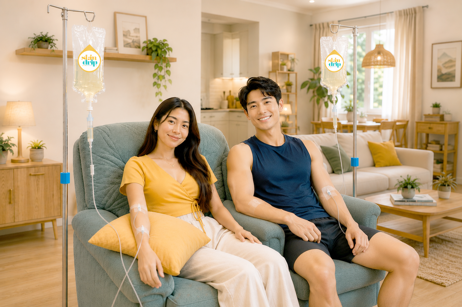 A smiling woman and man sitting on a sofa with IV drips attached to their arms in a cozy living room
