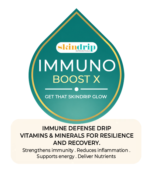 A supplement packet labeled 'Immuno Boost X' with a background of various fruits and green leaves.