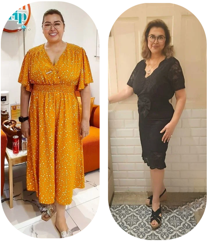 Two women standing indoors, one wearing a yellow dress with white polka dots and glasses, and the other wearing a black lace dress with glasses.