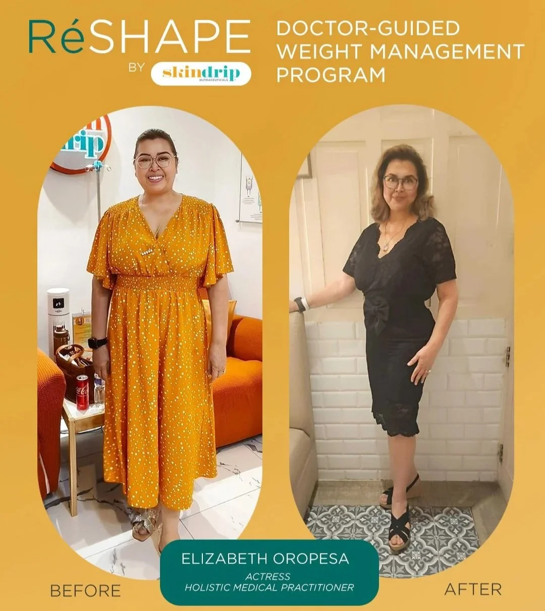 Side-by-side comparison of a woman before and after participating in a doctor-guided weight management program; on the left, she is smiling in a yellow dress, on the right, she is wearing a black dress with a more toned physique.