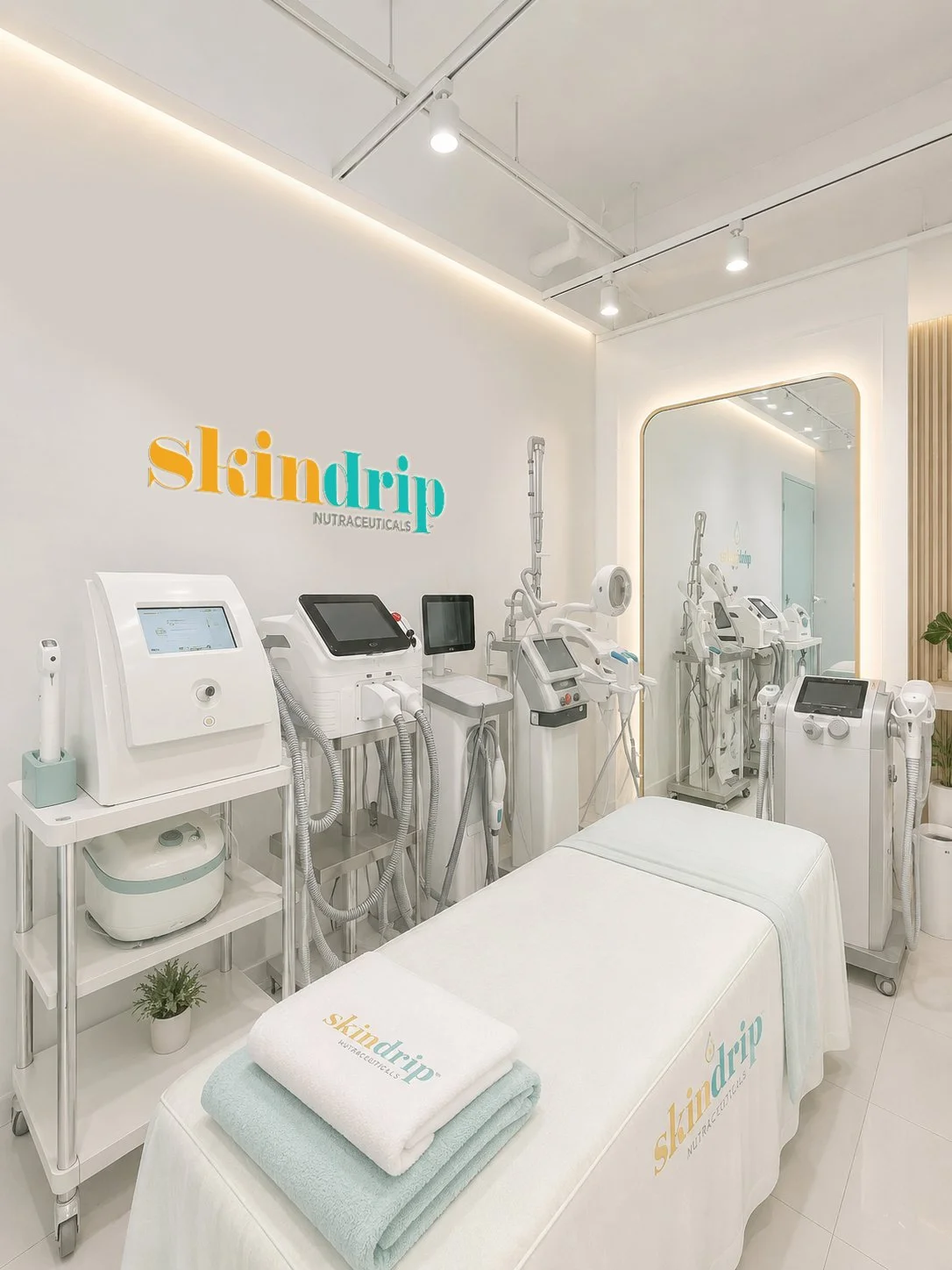 Clean, modern skincare clinic room with white walls, treatment bed, and various skincare equipment. The logo 'skin drip NUTRACEUTICALS' is on the wall.