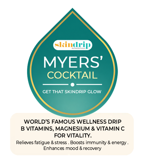 Myers' Cocktail infusion bag with lemon, lime, and banana slices around it, promoting wellness benefits like vitamins, magnesium, calcium, and vitamin C for vitality. Relieves fatigue and stress, Enhances immunity and recovery.