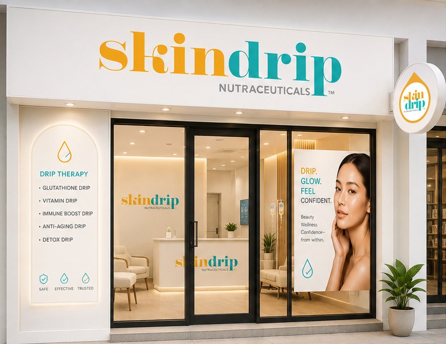 Exterior view of Skindrip Nutraceuticals storefront with signage, glass door, promotional posters, and potted plants.