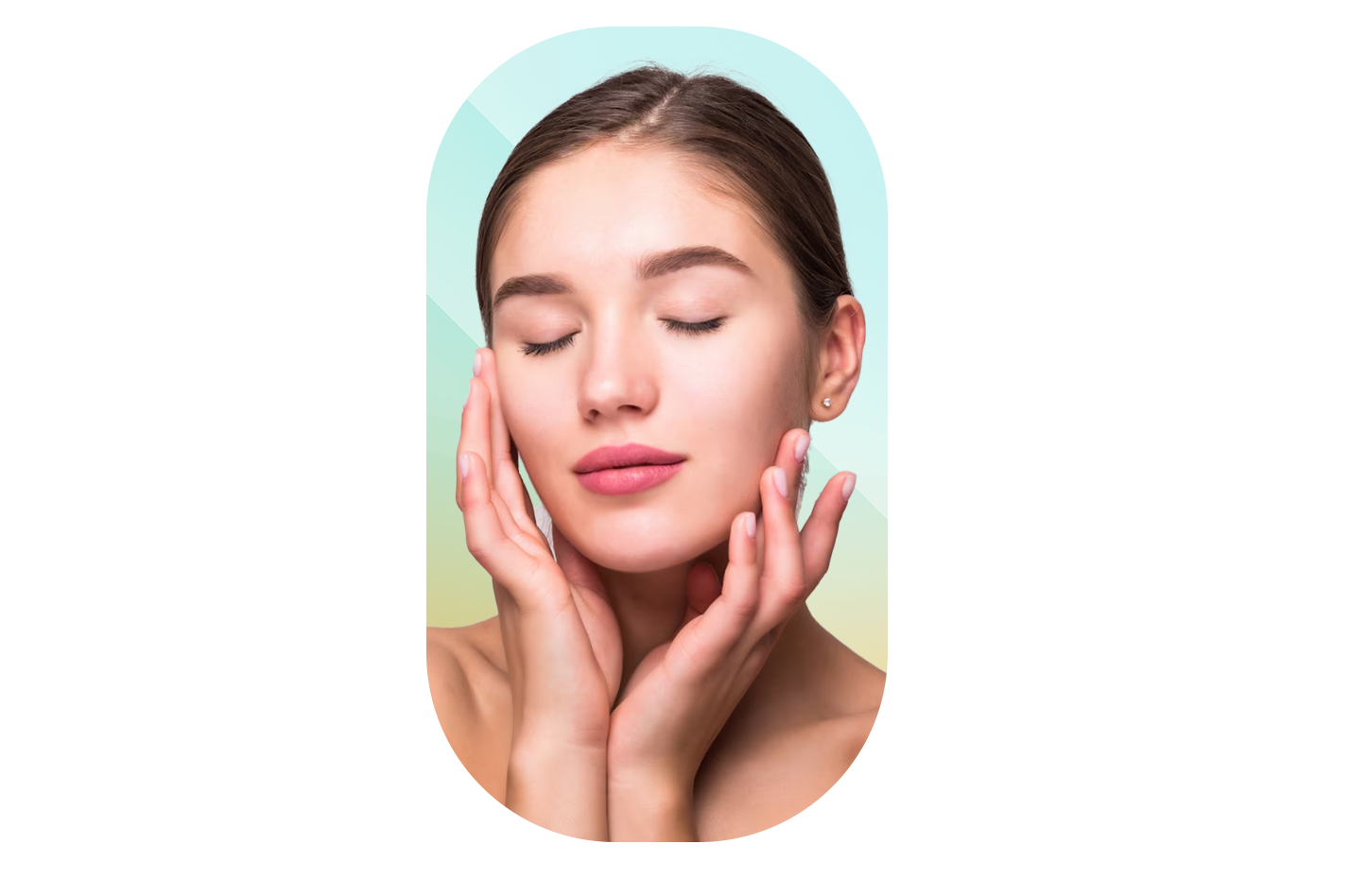 A young woman with clear skin touching her face gently with both hands, eyes closed, appearing relaxed and calm, against a light, abstract background.