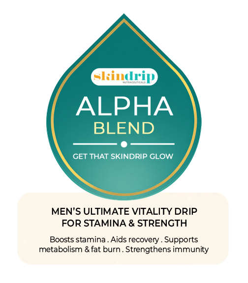 A health supplement packet labeled "Alpha Blend" with citrus fruits and green leaves in the background. Text indicates it is a vitality drip for stamina and strength, boosting stamina, aiding recovery, supporting metabolism and fat burn, and strengthening immunity.