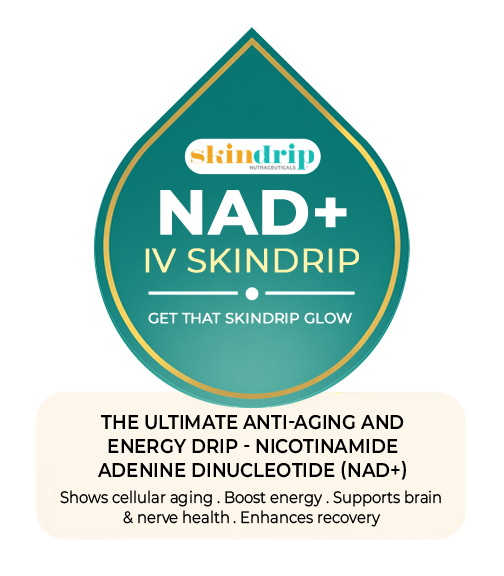 A packet labeled 'NAD+' with a background of citrus fruit slices and green leaves. The text describes NAD+ as an anti-aging and energy-boosting supplement that supports brain and nerve health and enhances recovery.