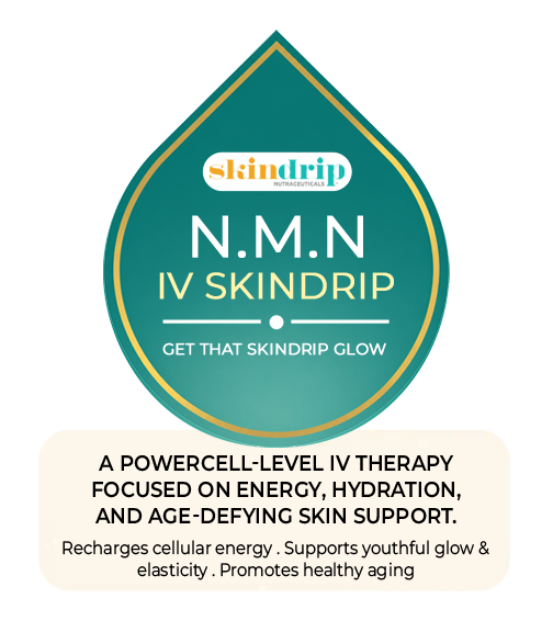 A graphic of an IV bag labeled 'N.M.N' with colorful fruit and leaf illustrations around it, emphasizing energy, hydration, and skin support benefits.