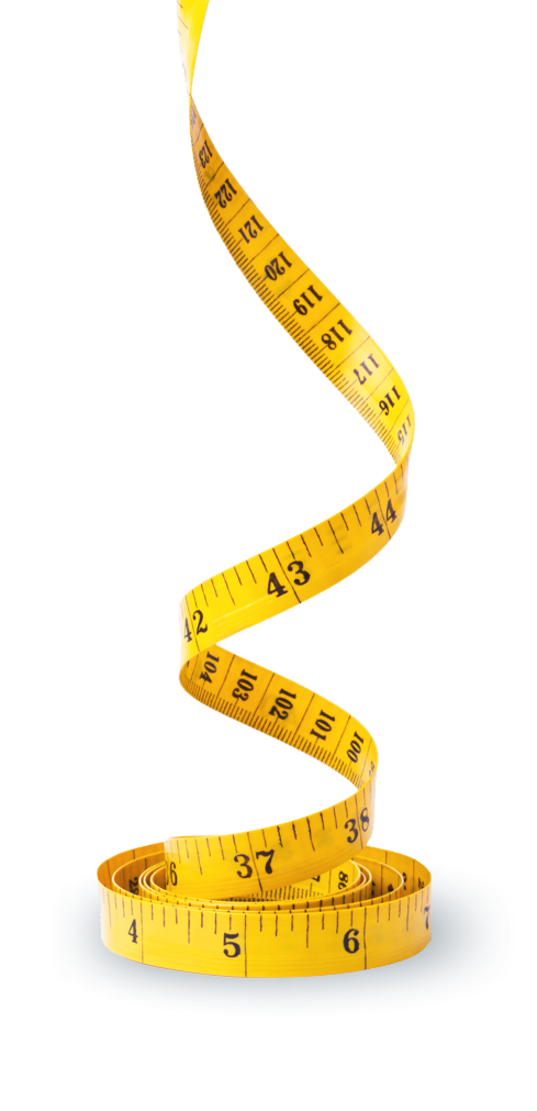 Coiled yellow measuring tape standing upright with measurements visible, casting a shadow on a beige background.