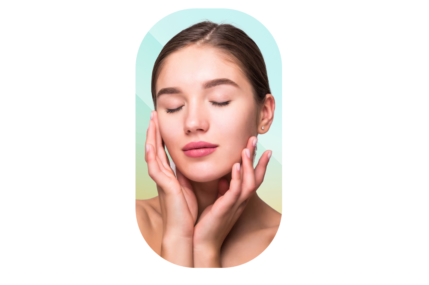 Close-up of a young woman with clear skin touching her face gently with both hands, eyes closed, with a soft smile, in front of a pastel abstract background.