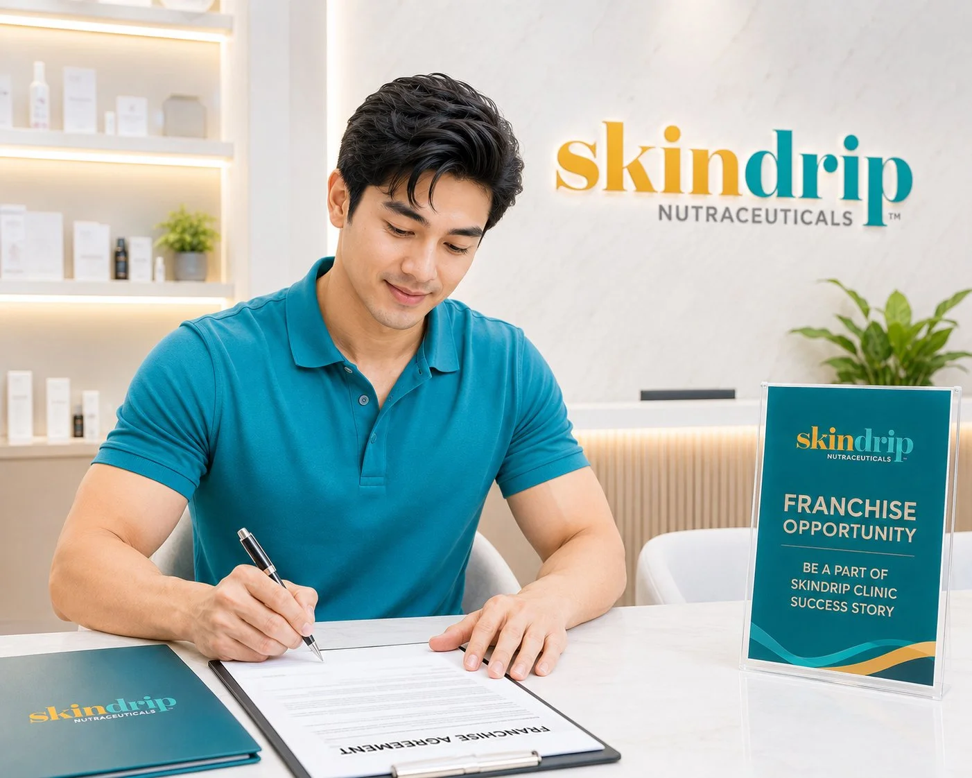 A man in a blue polo shirt sitting at a white table, signing a franchise agreement. There are branded materials and a sign in the background indicating a franchise opportunity with SkinDrip Nutraceuticals.