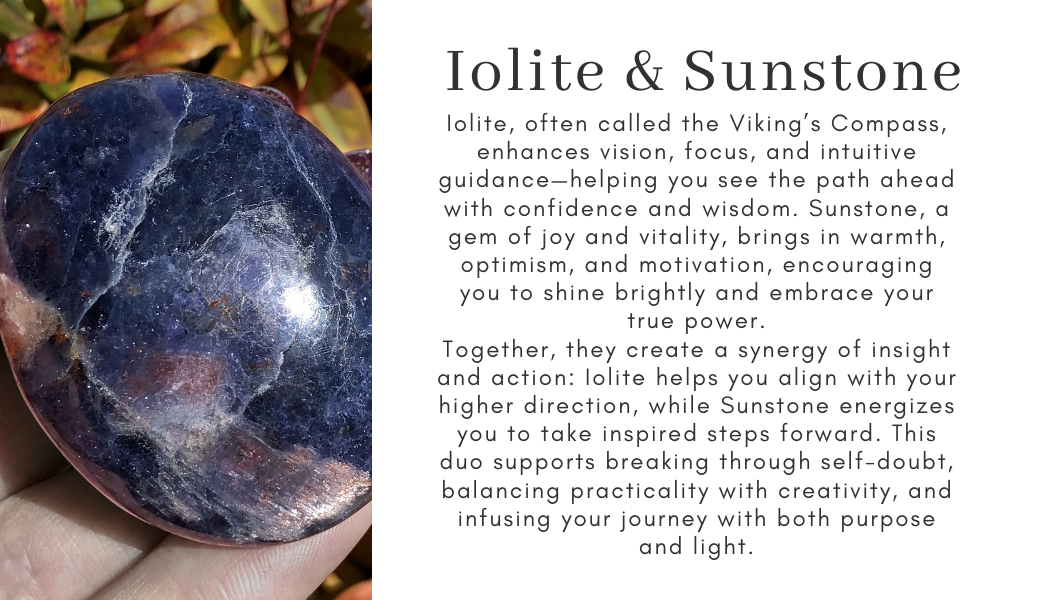 Iolite Sunstone purple orange peach read Find your center