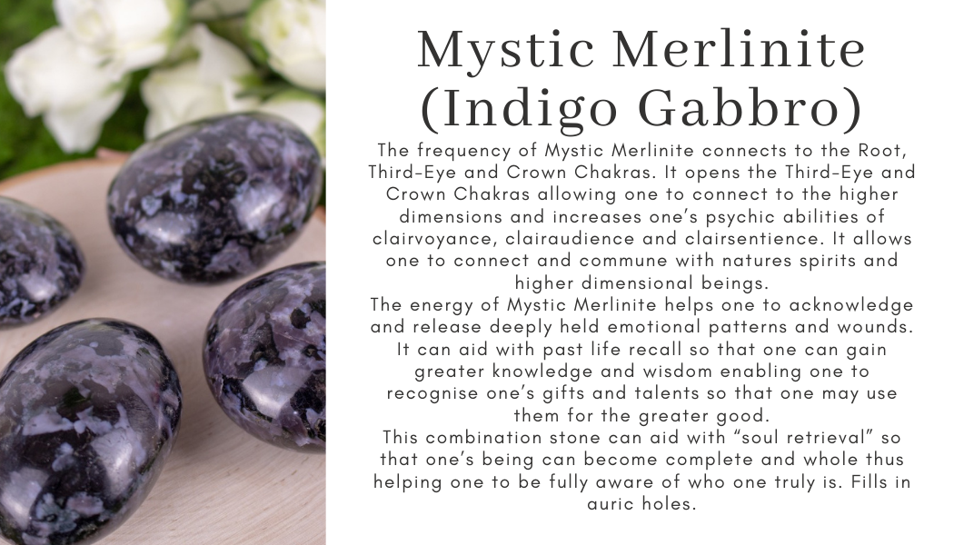 mystic merlinite indigo gabbro root third eye crown chakras higher realms psychic abilities clairvoyance, clairaudience clairvoyance clairsentience nature spirits release patterns past life soul retrieval fills in aura holes