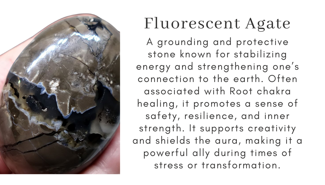 fluorescent agate grounding protection stabilizing connection to earth root chakra safety resilience strength creativity aura protection stress transformation