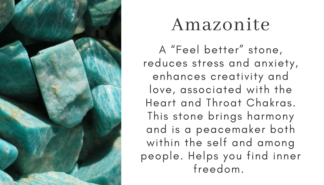 Amazonite feel better stone stress relief anxiety creativity love heart chakra throat chakra harmony peace inner freedom