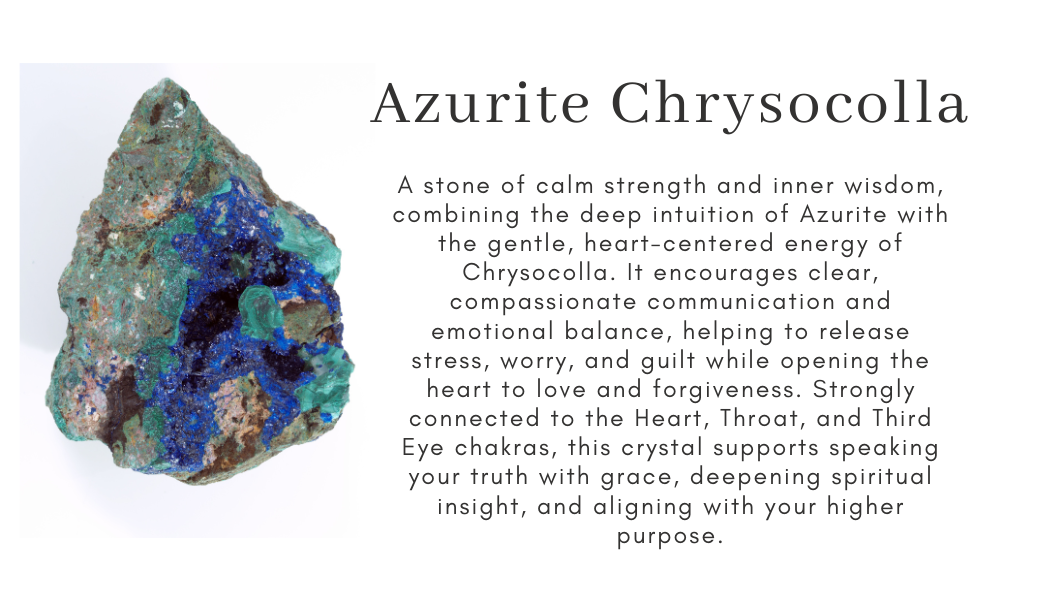 azurite chrysocolla calm strength inner wisdom intuition heart-centered communication emotional balance stress worry guilt love forgiveness heart throat third eye chakra speak your truth spiritual insight higher purpose