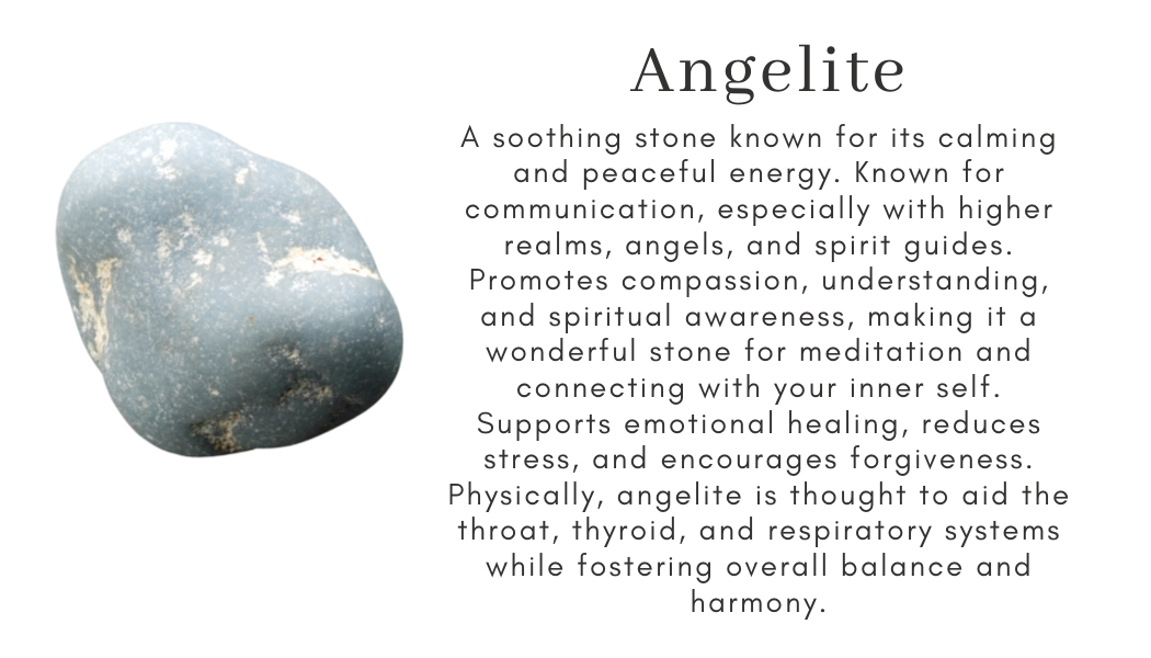 angelite calming peace communication higher realms angels spirit guides compassion understanding spiritual awareness meditation inner self emotional healing stress relief forgiveness thyroid respiratory balance harmony