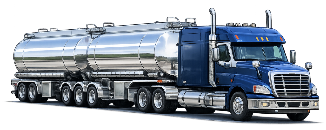 A blue truck facing the right with two fuel tanks.