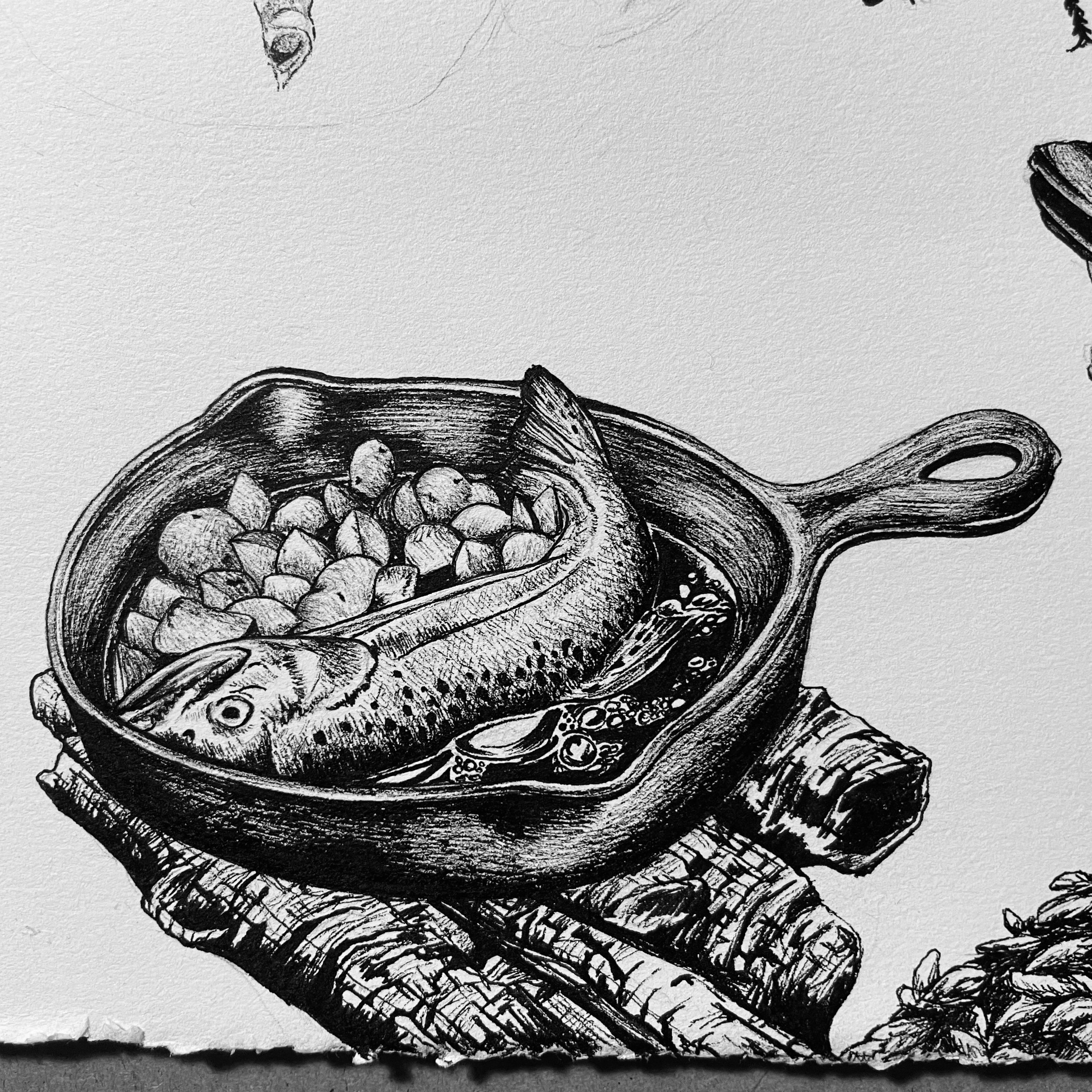 Day 21, Fish Fry, pen and ink, 2022