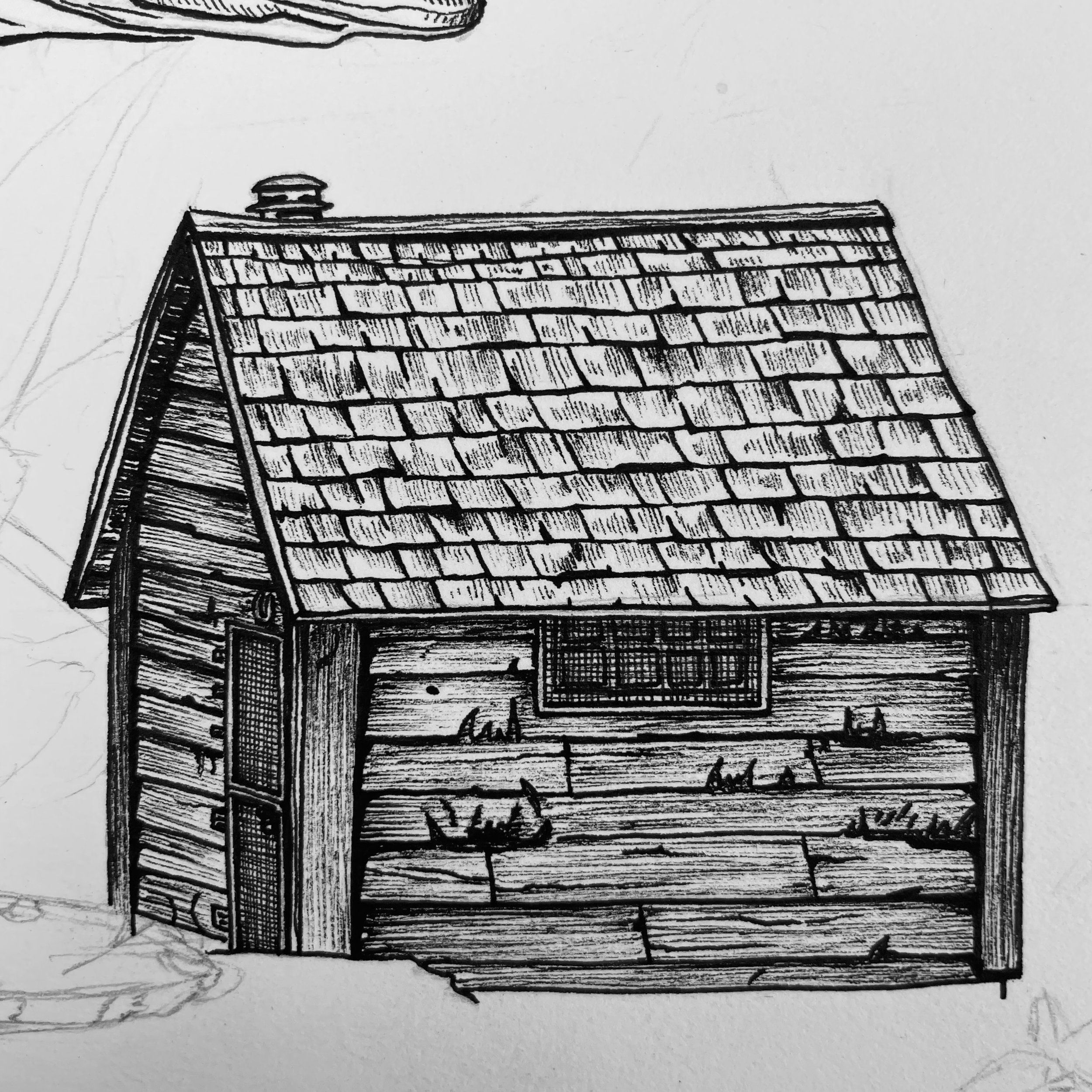 Day 4, Granite Cabin, pen and ink, 2022