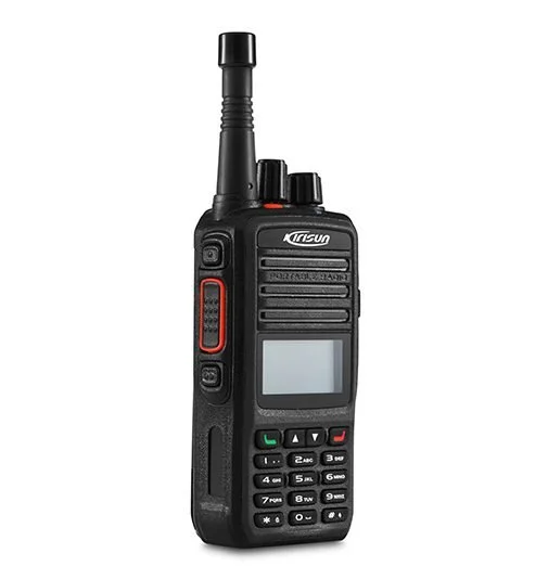 Black walkie-talkie with antenna, buttons, and small screen.