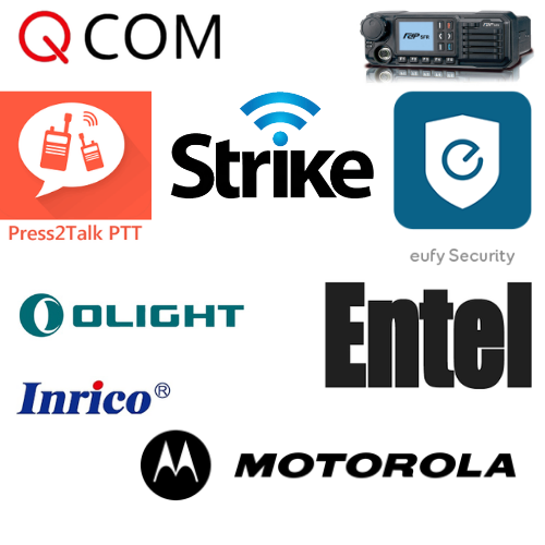 A collage of logos including Q COM, a radio device, Press2Talk PTT, Strike, eufy Security, Olight, Entel, Inrico, and Motorola.
