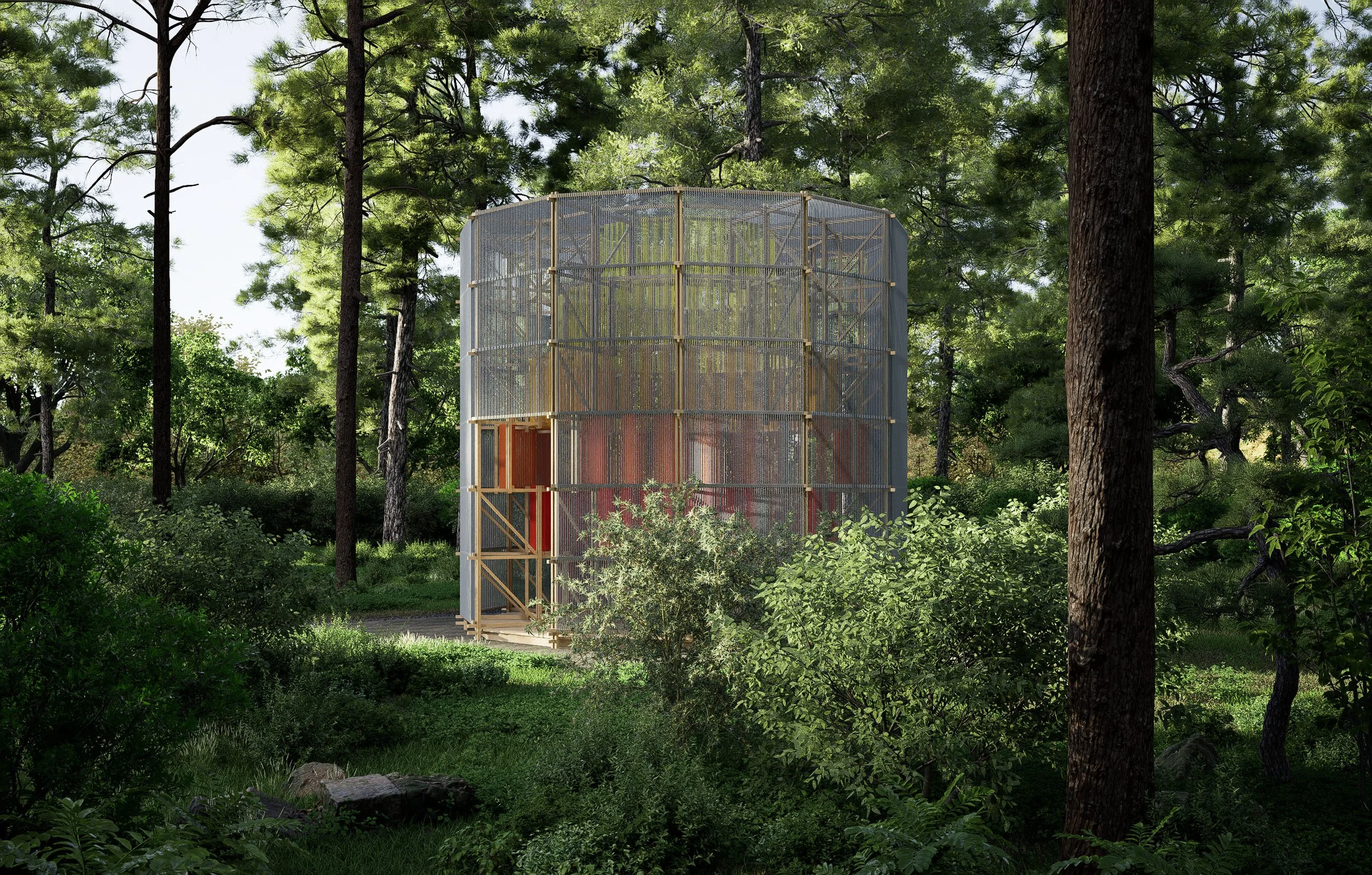 A wooden and metal treehouse surrounded by a lush forest with tall trees and green foliage.
