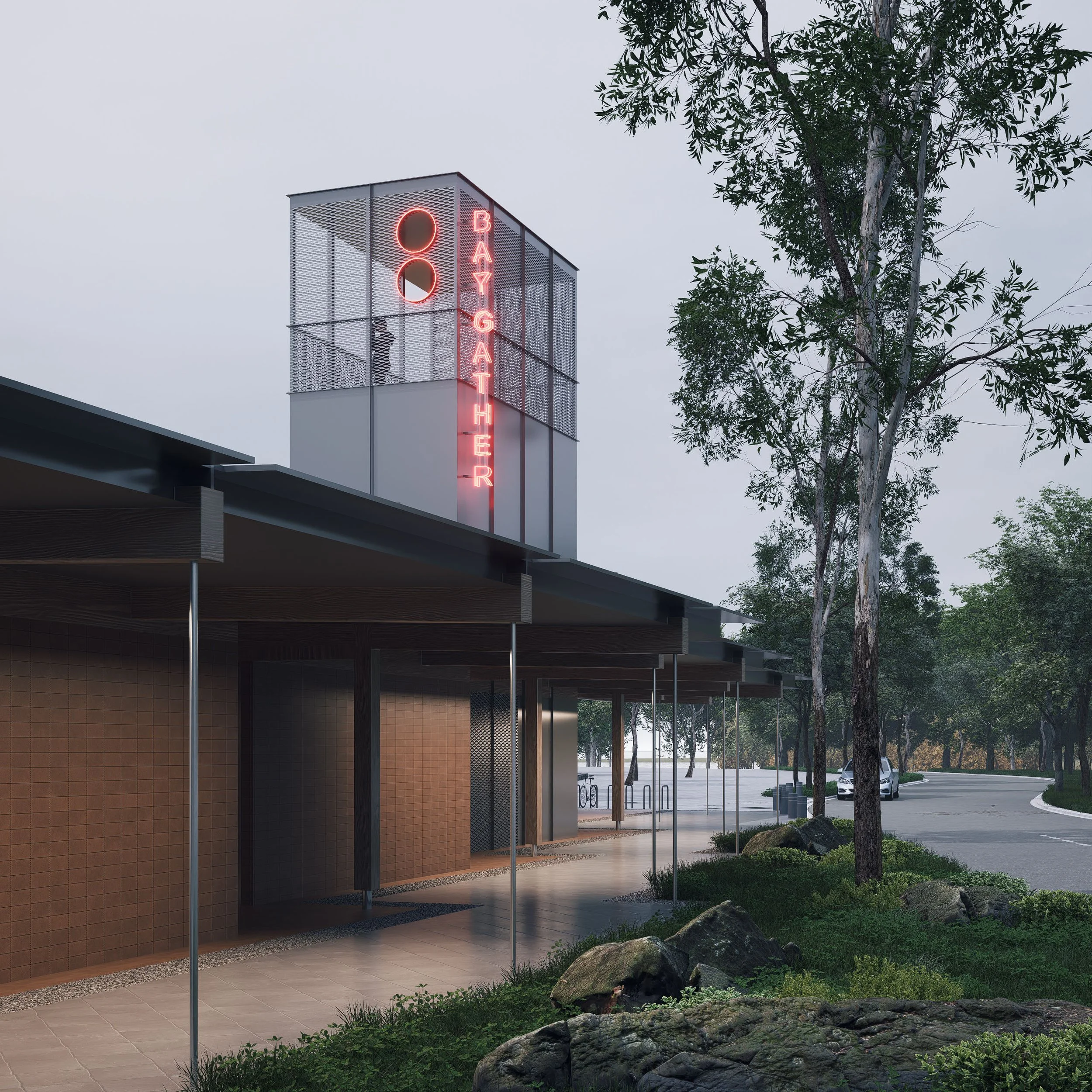 Exterior view of a modern bathhouse building with a pink neon sign reading 'BATHHOUSE' and a large red neon logo on a tower structure. The building features a covered walkway supported by thin metal poles, with trees and parked cars in the background on a cloudy day.