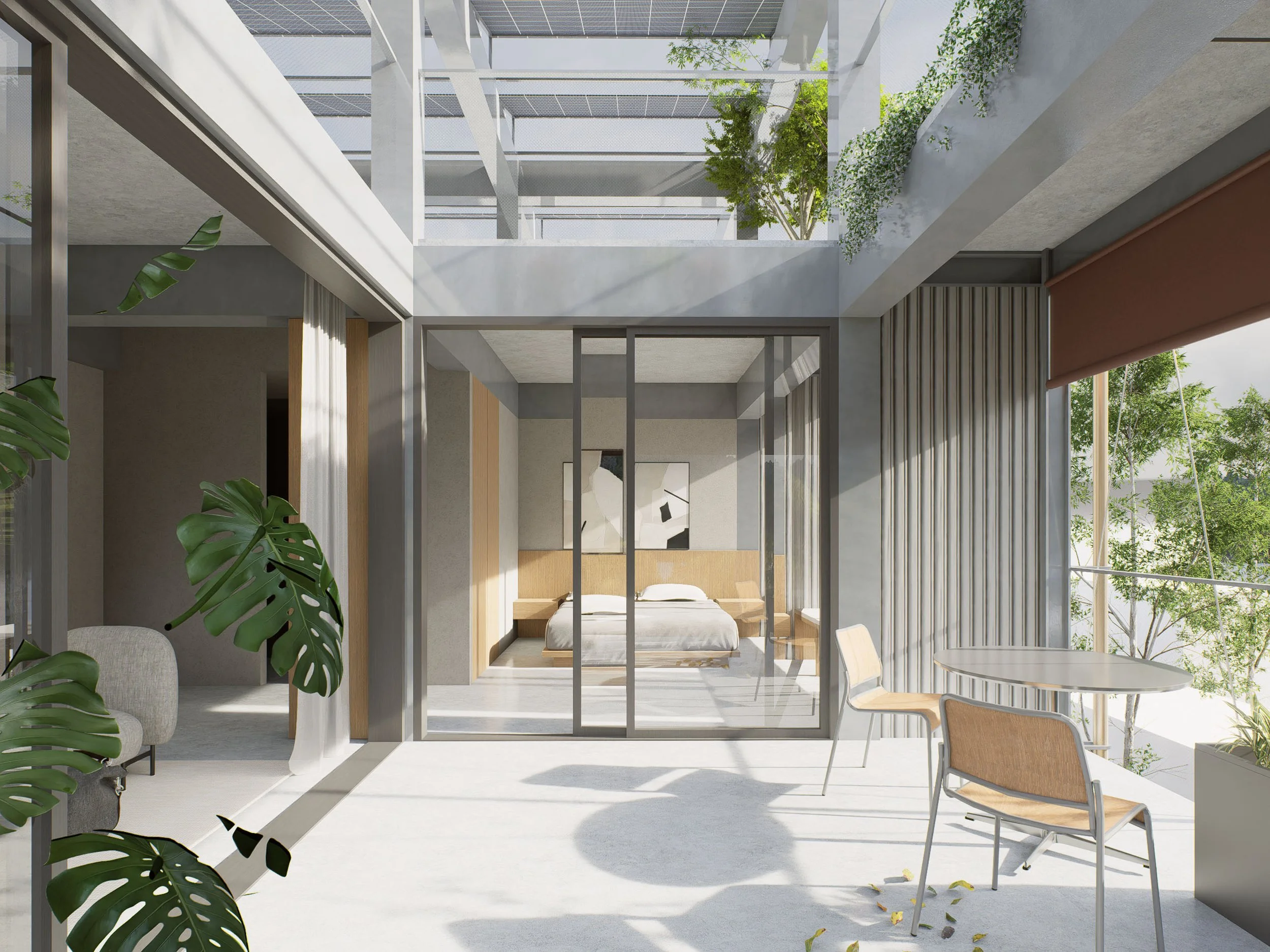 Modern indoor-outdoor living space with a balcony, glass sliding door leading to a bedroom, and outdoor seating area with two chairs and a round table. The space features green plants, sunlight, and contemporary design elements.