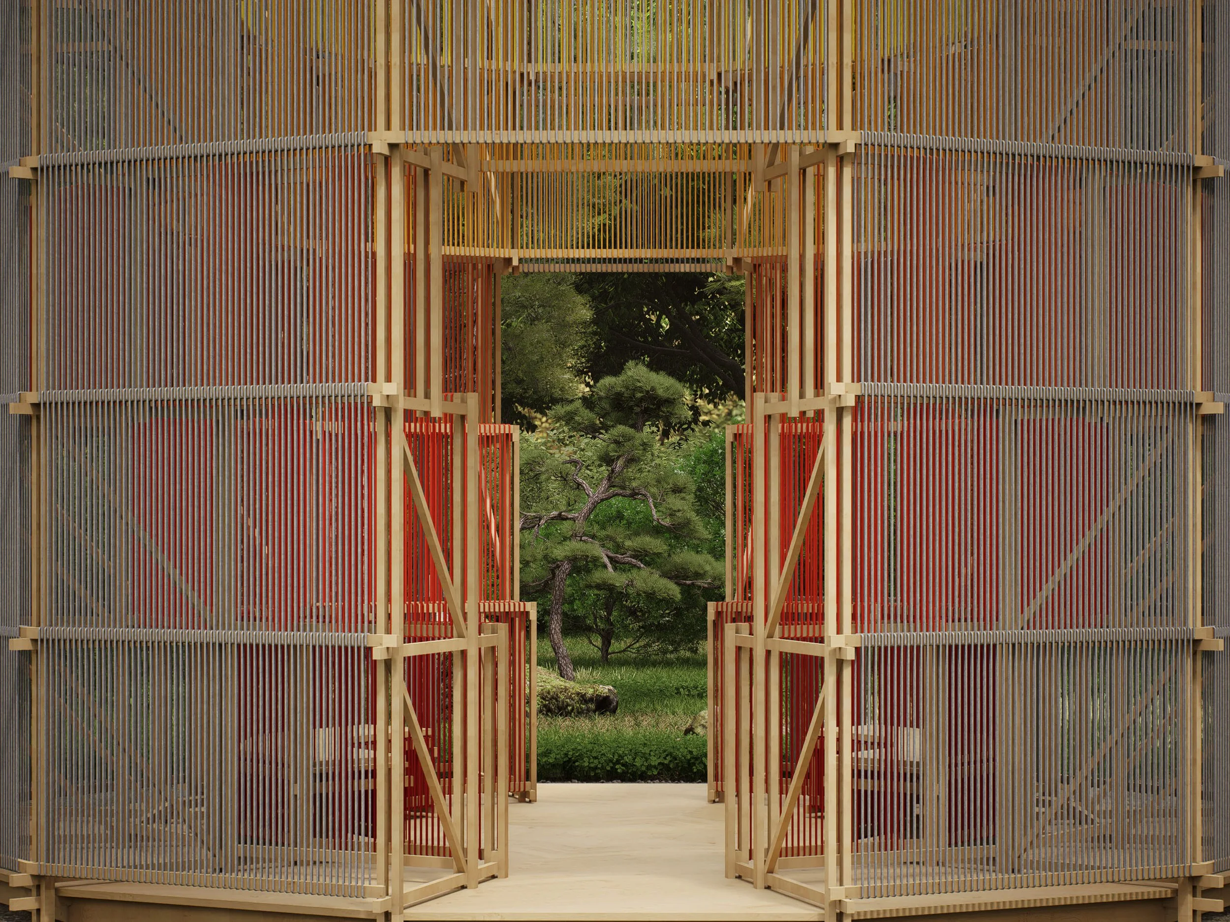 A wooden art installation with an open doorway framing a lush green garden with trees and grass.