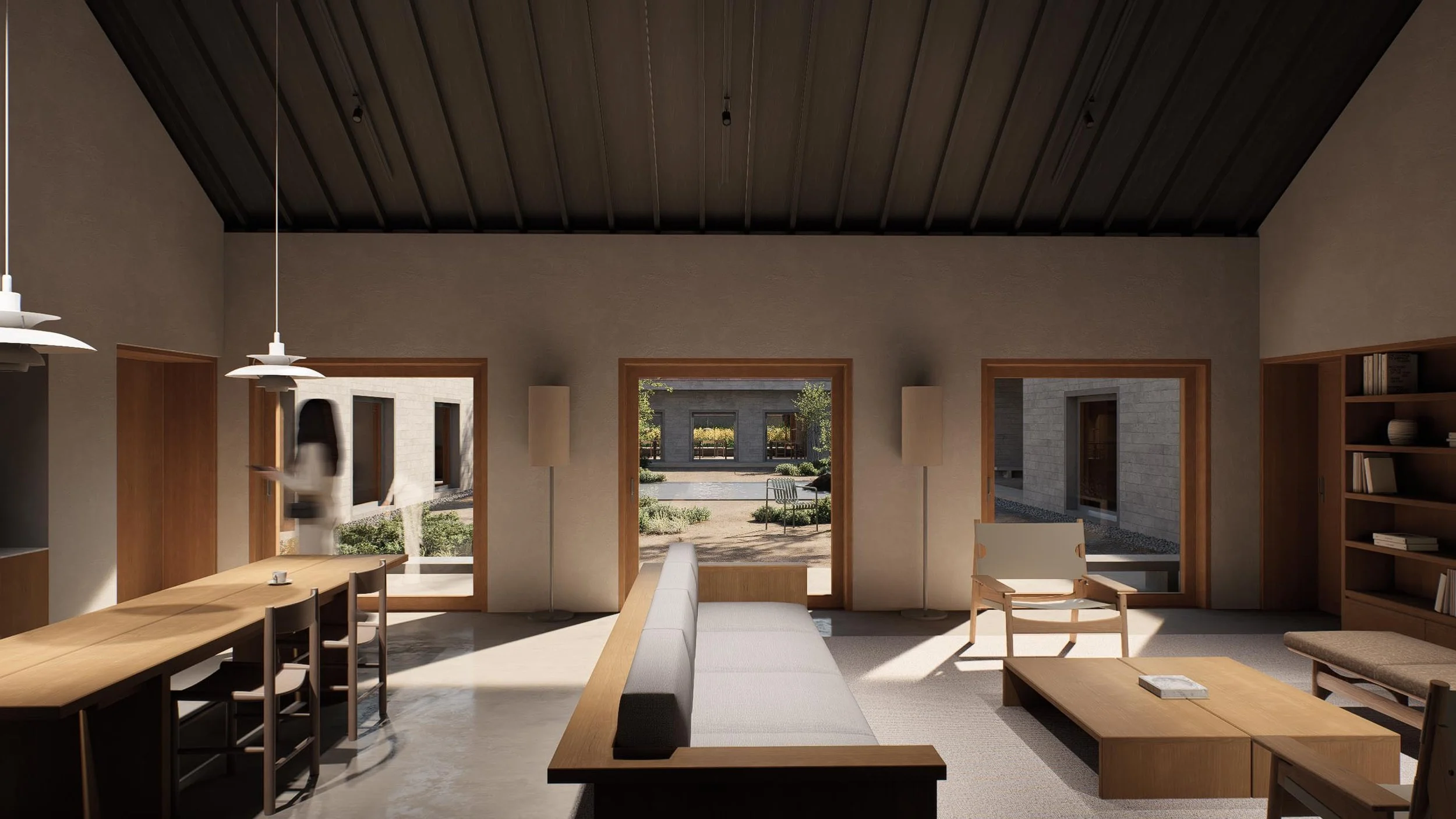 Modern living room with wooden furniture, large windows overlooking a garden, and minimal decor.