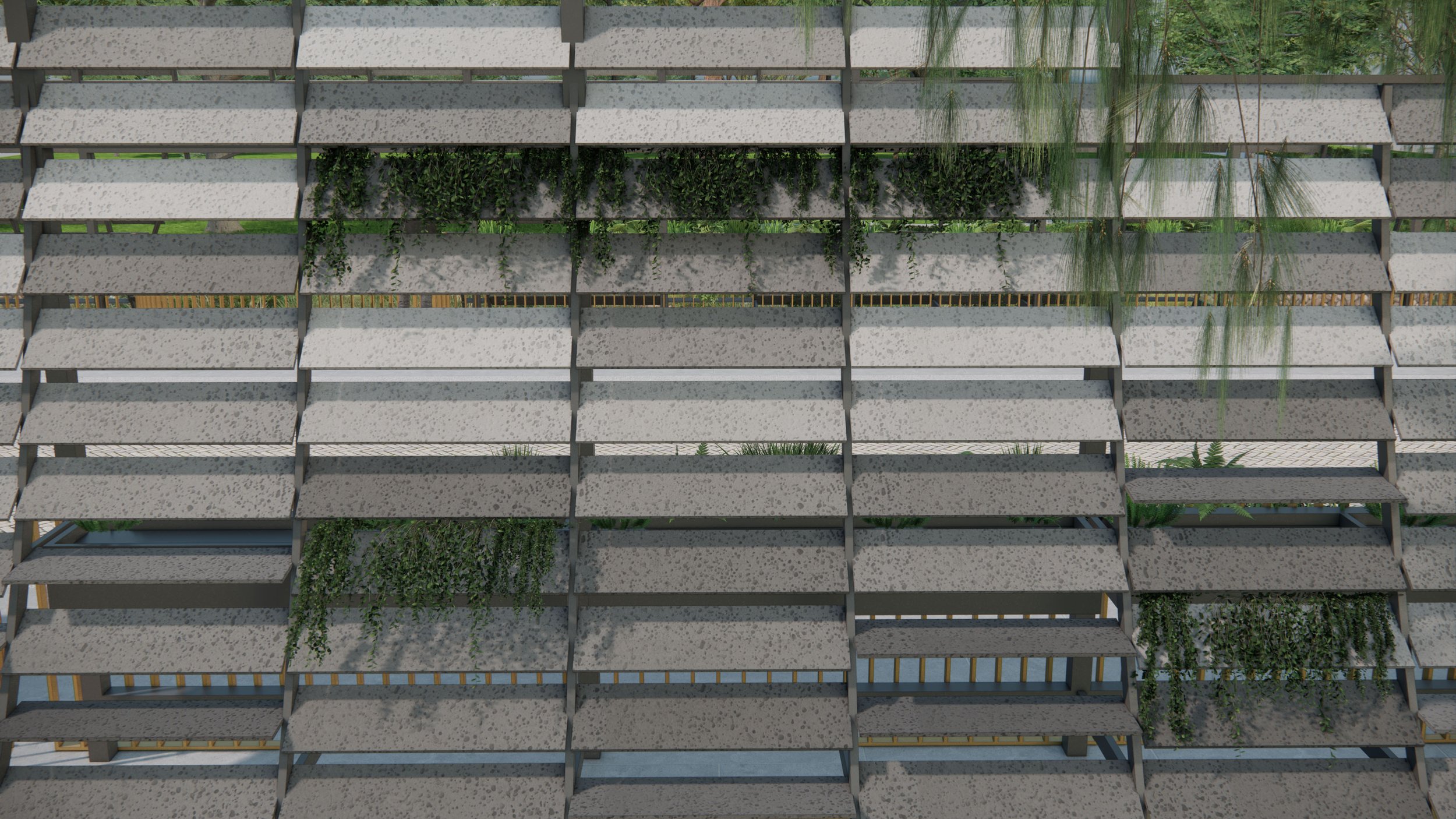 A view of a modern building's exterior with concrete or stone horizontal slats arranged in a grid pattern, interspersed with green plants and foliage.