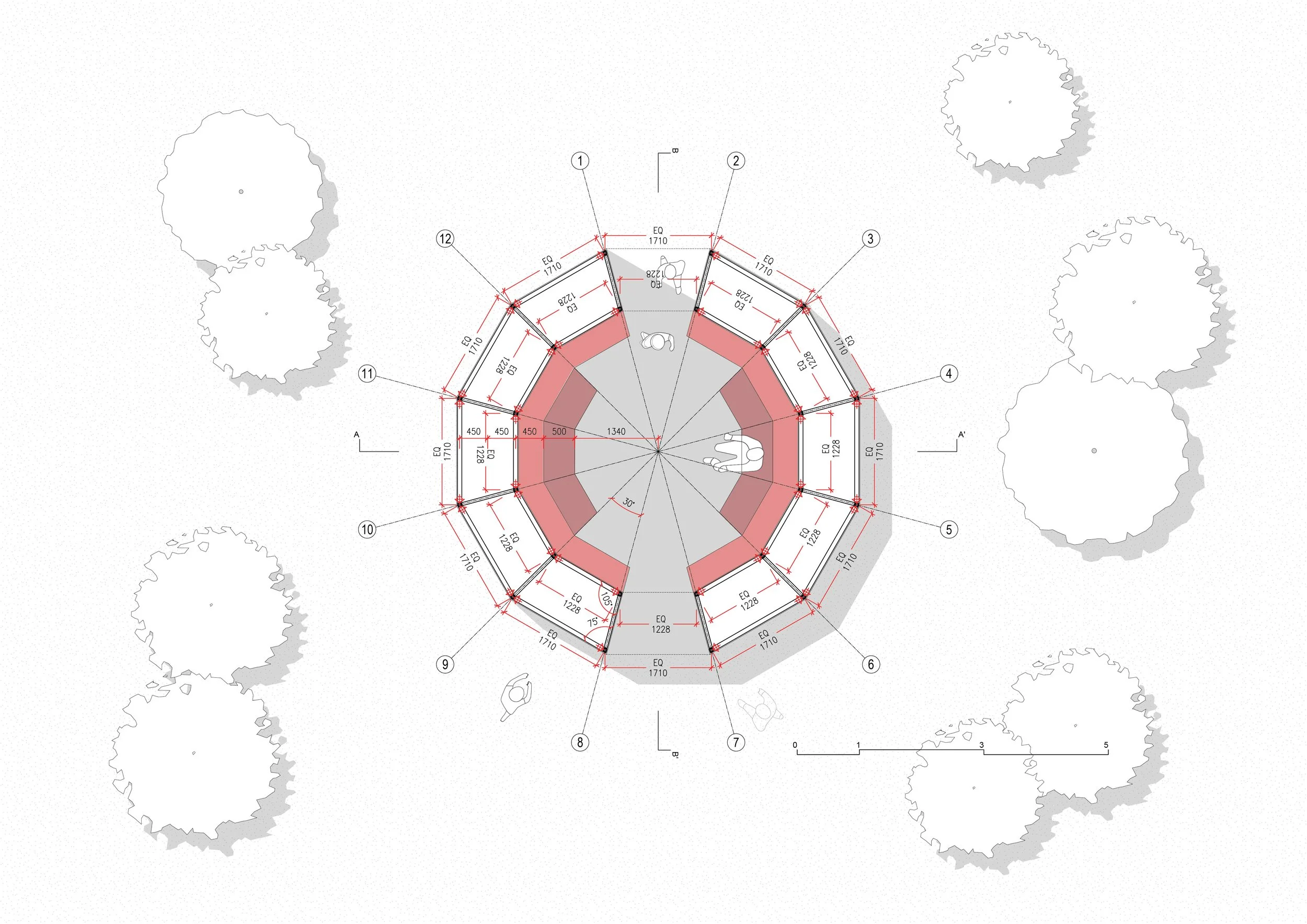 Architectural plan of a circular building with surrounding trees, multiple labeled sections, measurements, and red highlights indicating specific areas, with some furniture and people faintly visible.